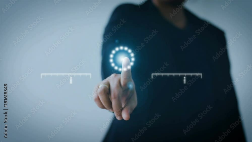 4K Business woman pointing finger on HUD And graph bar pi for Cyber futuristic concept technology element on the dark background