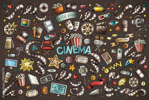 Colorful vector hand drawn Cinema Doodle cartoon set of objects