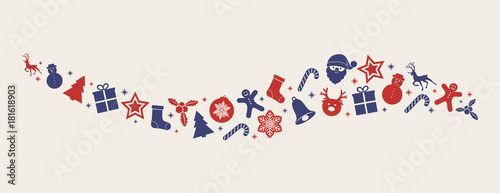 Panoramic banner with red and blue Christmas decorations. Vector. 