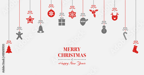 Merry Christmas - banner with hanging decorations. Vector.