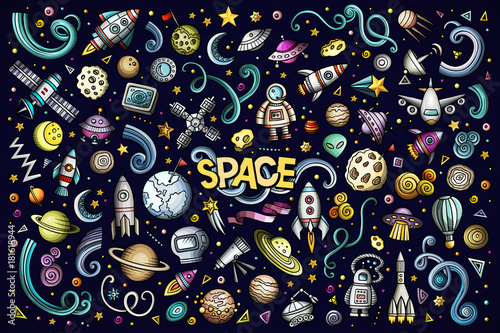 Colorful vector hand drawn doodles cartoon set of Space objects