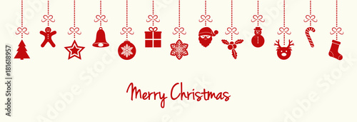 Merry Christmas - banner with hanging decorations. Vector.