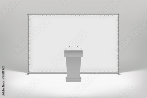 White press wall with metal tubes. Tribune with microphones. Eps10 Vector.