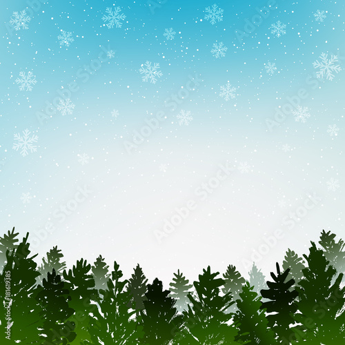 Christmas background with coniferous forest on blue sky background