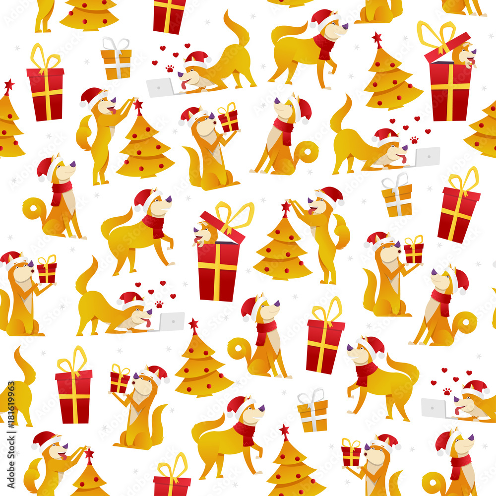 Fototapeta premium Christmas pattern with dogs and gifts. New Year 2018 seamless pattern with yellow dog symbol of Chinese New Year vector stock illustration, flat design.