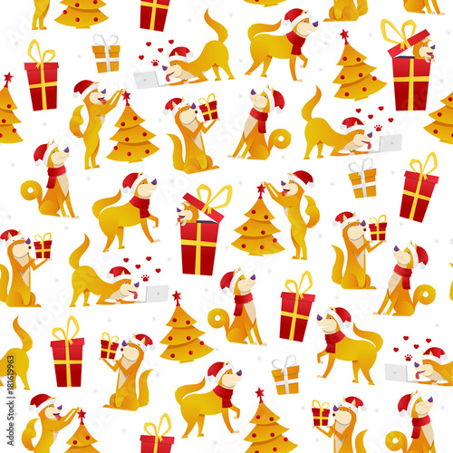 Christmas pattern with dogs and gifts. New Year 2018 seamless pattern with yellow dog symbol of Chinese New Year vector stock illustration, flat design. © Bezvershenko