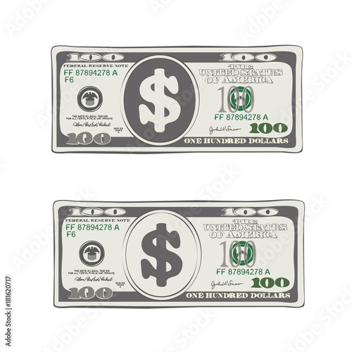 100 dollars in flat cartoon style. Vector design of one hundred dollar bill in gray colors. Suitable for discount cards, leaflet, coupon, flyer, vouchers and other advertising.