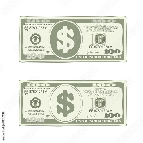 100 dollars in flat cartoon style. Vector design of one hundred dollar bill in green colors. Suitable for discount cards, leaflet, coupon, flyer, vouchers and other advertising.