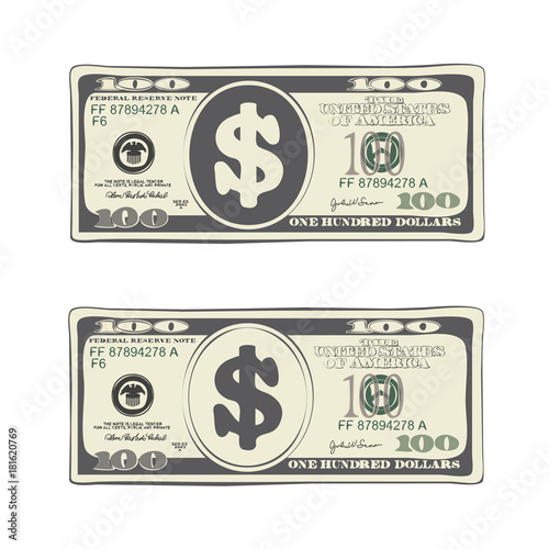 100 dollars in flat cartoon style. Vector design of one hundred dollar bill. Suitable for discount cards, leaflet, coupon, flyer, vouchers and other advertising. Simulate hand-drawn  illustration.