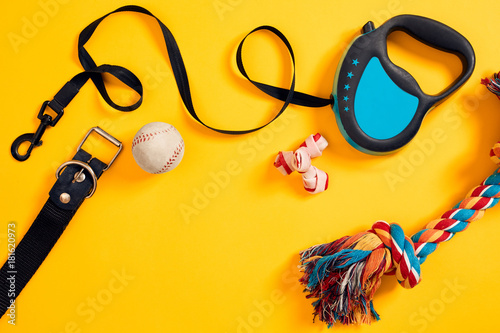 Toys -multi coloured rope, ball, leather leash and bone. Accessories for play and training on yellow background top view