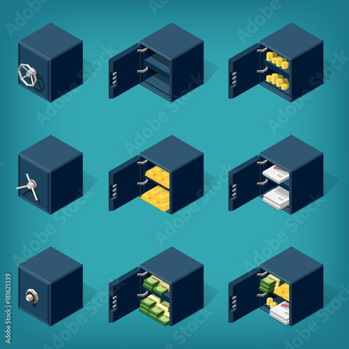 Set of isometric safe boxes, filled with money, gold, coins, documents. Eps10 Vector. photo