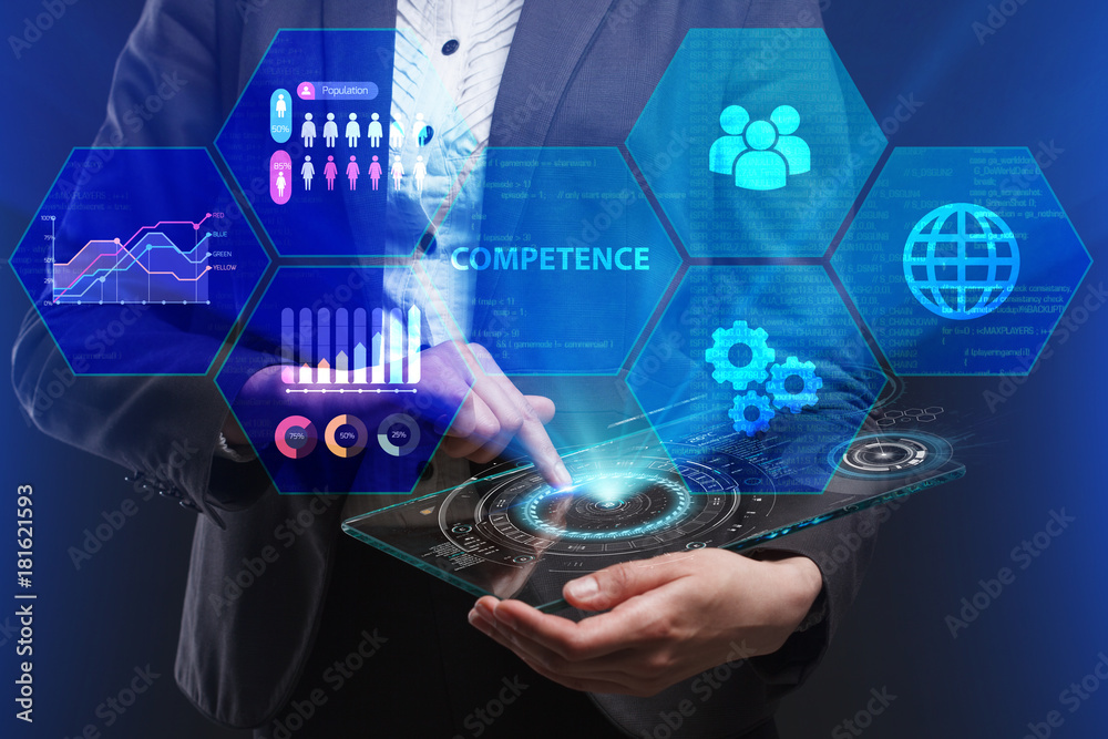 Fototapeta premium The concept of business, technology, the Internet and the network. A young entrepreneur working on a virtual screen of the future and sees the inscription: Competence