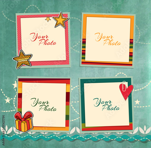 Decorative vector template frame. This photo frame you can use for kids picture or memories. Scrapbook design concept. Insert your picture.