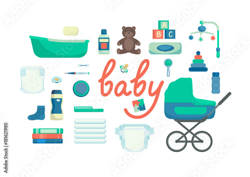 Set of baby items on white background. Baby care supplies. Vector illustration.