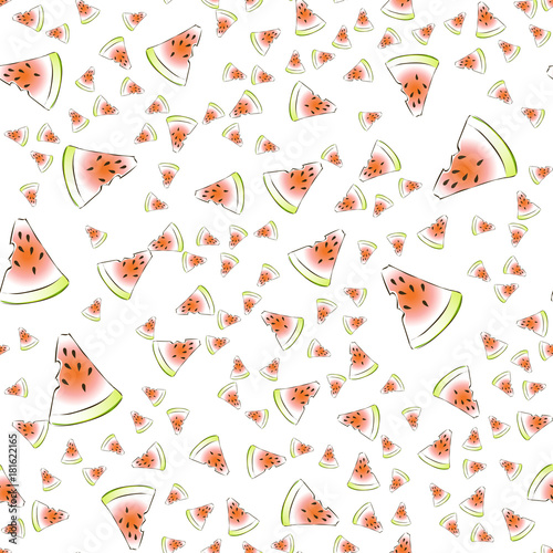 Vector seamless pattern with fresh watermelon slices on white backgroud. Lifght backdrop. photo