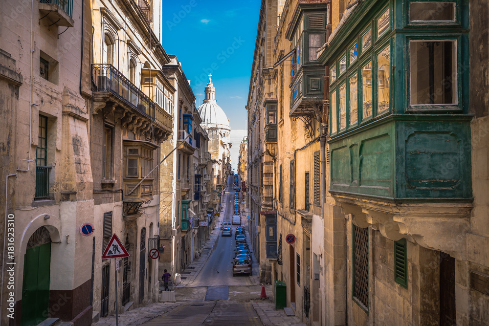 Street of Valletta with traditional balconies, Malta