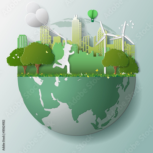 Paper folding art origami style vector illustration. Green renewable energy ecology technology power saving environmentally friendly concepts, girl run and hold balloons in parks near city on globe