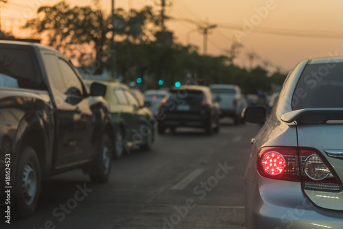 traffic jam with row of cars on street