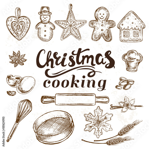 Hand drawn sketch illustration christmas cooking Christmas ginger cookies