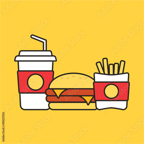 Fast food snacks and drinks flat vector icons. Fastfood icons. Snack bag vector food