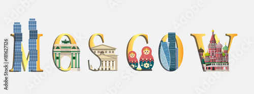 Travel infographic.Moscow infographic,Moscow  lettering and famous landmarks , Russia paper art concept.