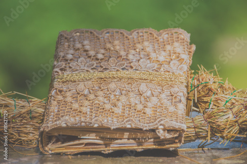 close-up fairytale book lying on the stone