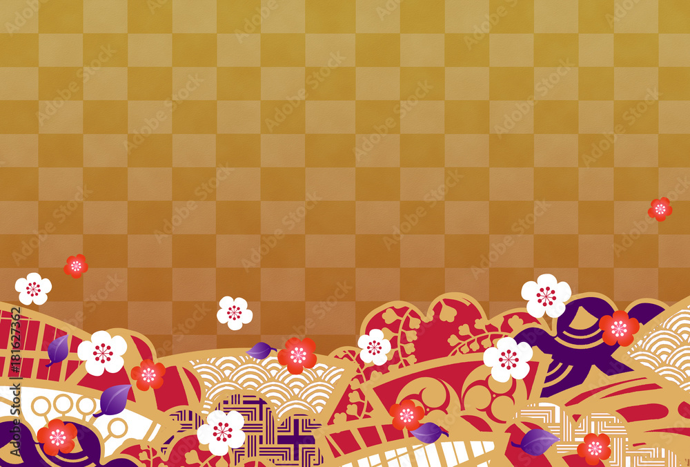 年賀イメージ 和柄の扇と松 金格子の背景 Stock Illustration Adobe Stock