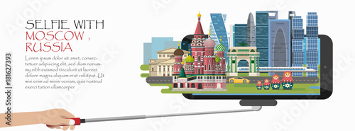 Travel infographic .selfie with Shanghai. China infographic ,Selfie stick with mobile or cell phone. Discover Shanghai concept.