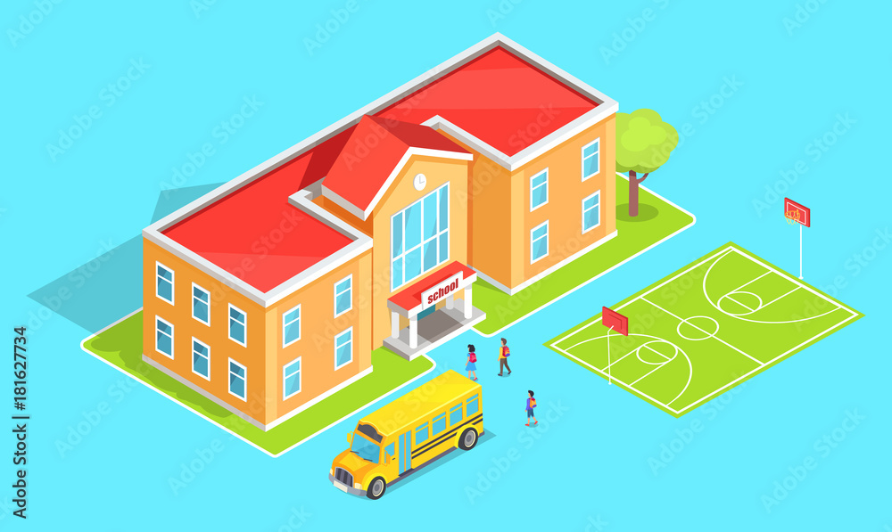 School Orange Two-Storey School and Yellow Bus