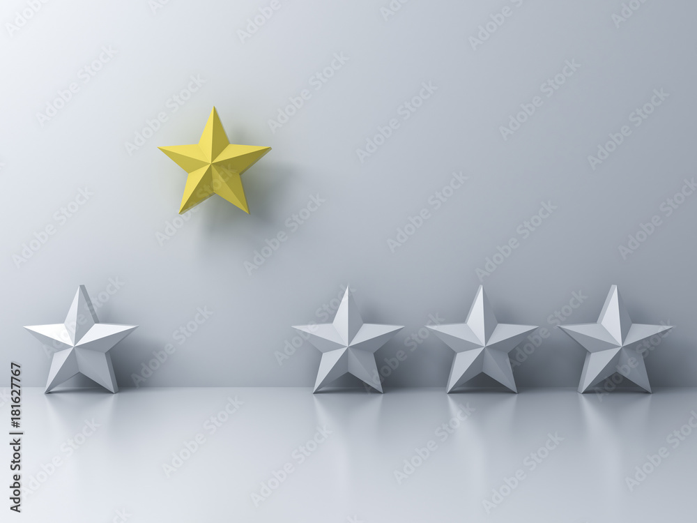 Stand out from the crowd and different concept , One yellow star different from other white stars on white wall background with shadows and reflections . 3D rendering. Stand out from the crowd and different concept , One yellow star different from other white stars on white wall background with shadows and reflections . 3D rendering.