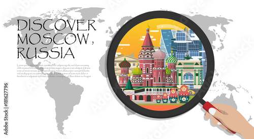 Moscow infographic tourist sights of Russia ,World Map with Magnifying Glass,hand holding magnifying glass,Discover Russia concept.