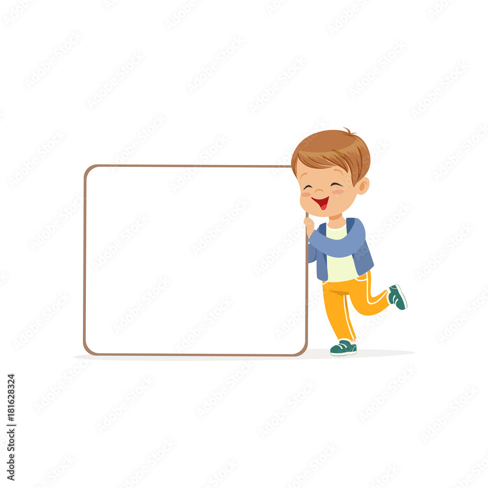 Happy boy character with white empty message board, kid standing with placard vector Illustration Happy boy character with white empty message board, kid standing with placard vector Illustration