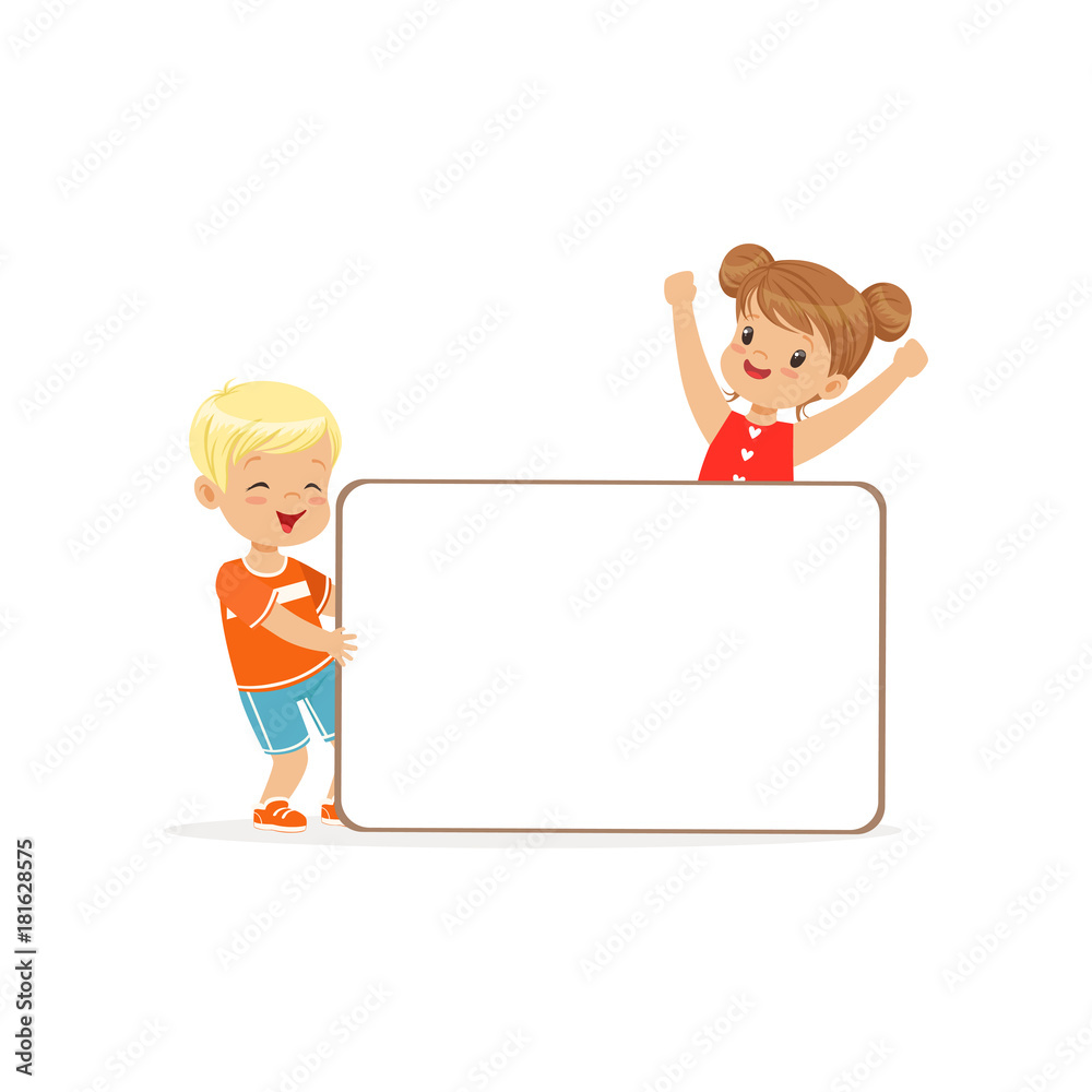 Happy boy and girl characters with white empty message board, kids standing with placard vector Illustration Happy boy and girl characters with white empty message board, kids standing with placard vector Illustration