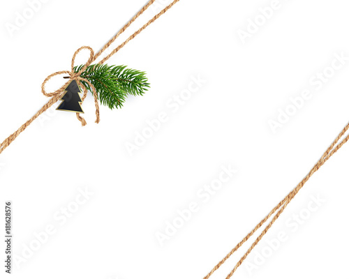 Diagonal strips of linen cords for Christmas decorations, cards, packaging, background. Decoration or bouquet of composition the Christmas tree branches and toy on top. Realistic vector. Eps10.