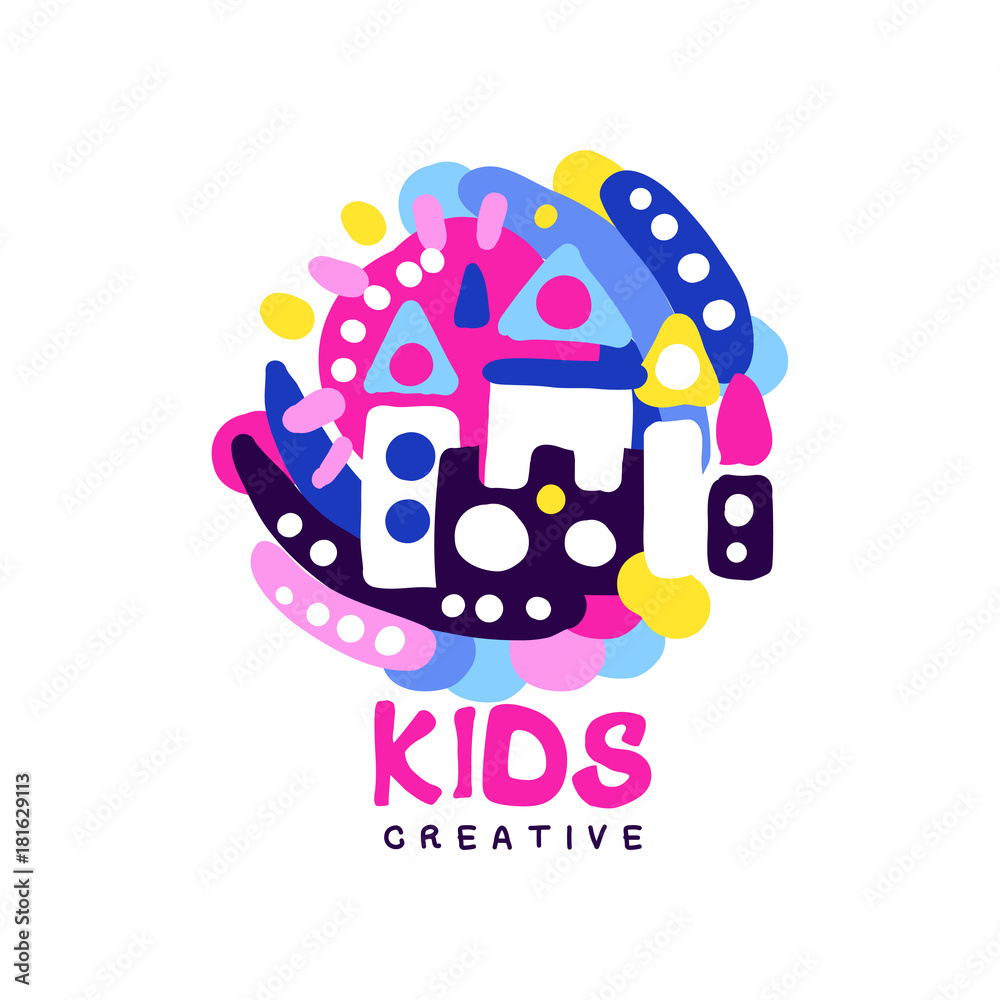 Kids creative logo design template, colorful labels for kids club, center, school, art studio, toys shop and any other childrens projects hand drawn vector illustration