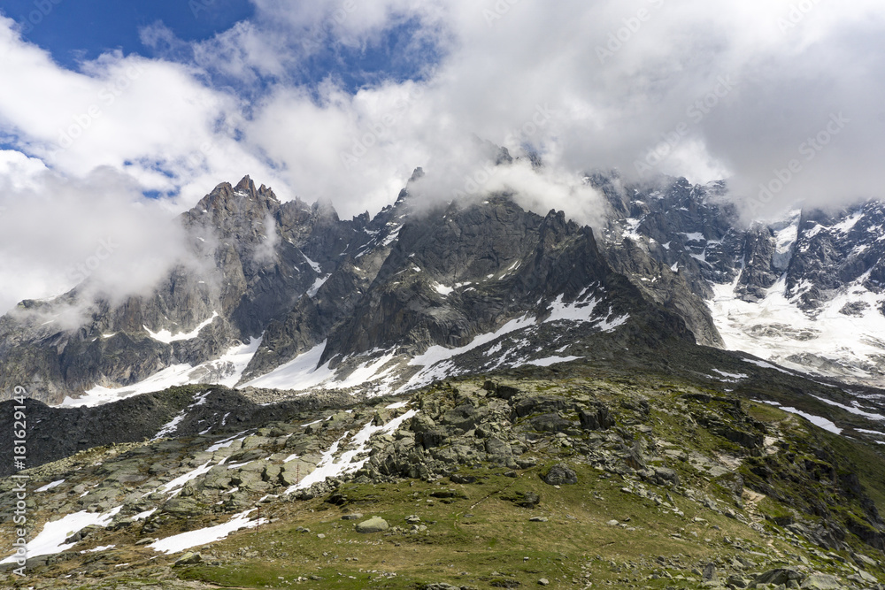 Mont Blanc massif in June. Alps.
