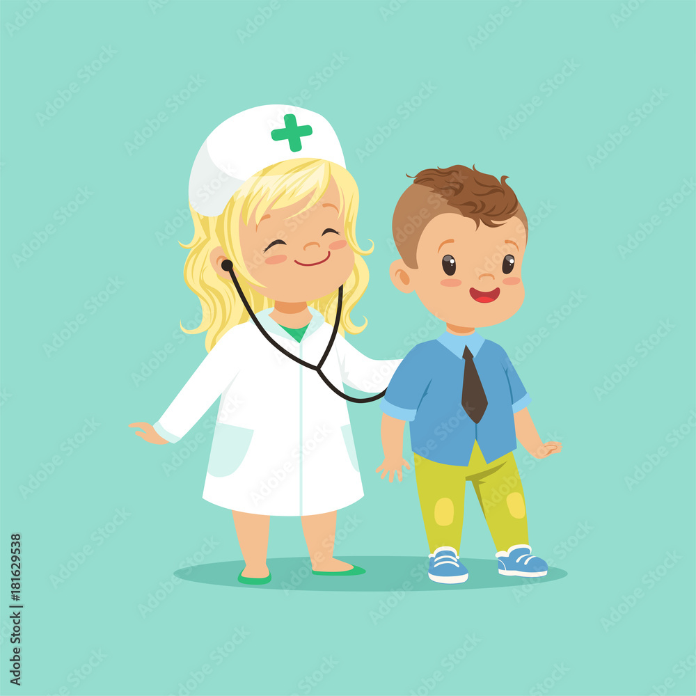 Flat vector illustration of two adorable babies playing in doctor and patient game. Baby girl examining her brother with stethoscope Flat vector illustration of two adorable babies playing in doctor and patient game. Baby girl examining her brother with stethoscope