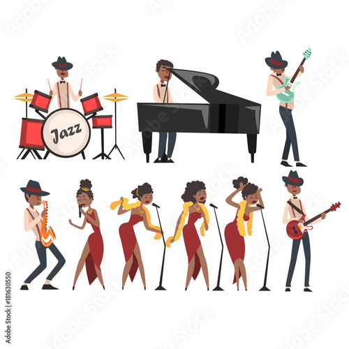 Flat vector set of jazz artists characters isolated on white. Black man playing drums, grand piano, electric guitar, and saxophone. Woman singer in different poses