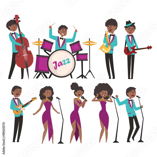 Cartoon jazz artists characters singing and playing on musical instruments. Contrabassist, drummer, saxophonist, guitarists and singers. Flat vector illustration