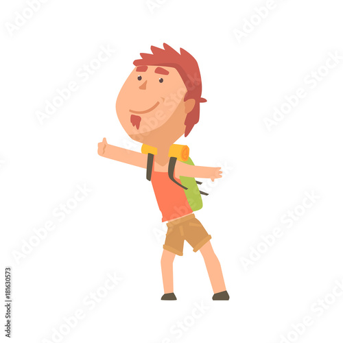 Cartoon male traveler hitchhiker, man trying to stop a car on a highway by hand, travelling by autostop vector Illustration