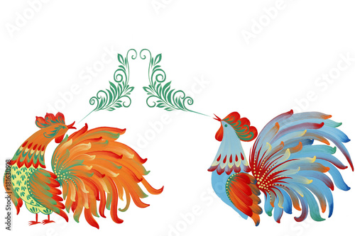 Red golden rooster symbol of 2017 by Chinese calendar. Realistic illustration of multicolor rooster on white background. Hand-drawn domestic bird. Poster with symbol of year. 