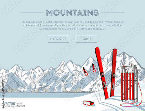 Winter sport objects. Red wooden sled and ski. Mountains in winter season. Ski resort season is open. Winter web banner design. Vector background.