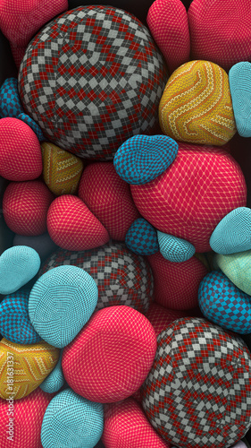 3D rendering of colored floating spheres with a knitted texture. Abstract composition
