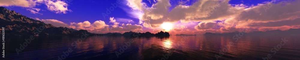 beautiful sunset in the sea, panorama of the sea landscape, water under the sky with clouds
