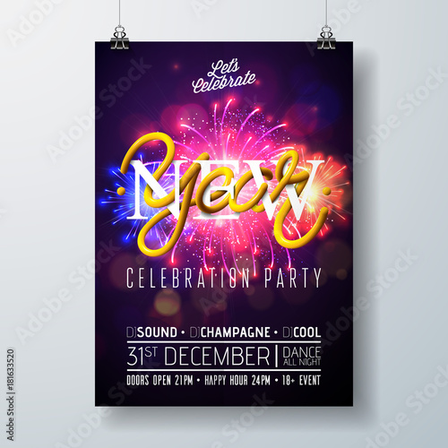 New Year Party Celebration Poster Template Illustration with Typography Design,and Firework on Shiny Colorful Background. Vector Holiday Premium Invitation Flyer or Promo Banner.