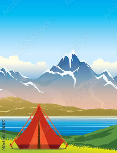 Tent, lake, mountain, summer landscape.