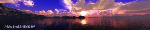 beautiful sunset in the sea, panorama of the sea landscape, water under the sky with clouds 