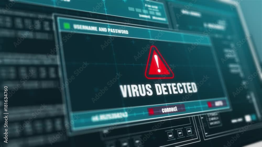 Computer Screen Entering Login And Password With Showing VIRUS DETECTED Alert System Security Warning .
