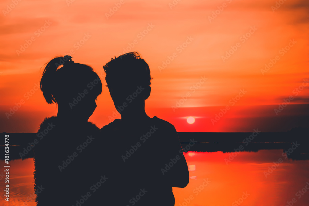 Young couple in love, silhouettes
