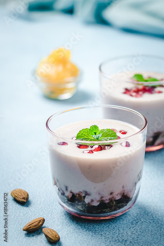 Yogurt fruit granola trifle. Healthy breakfast. Selective focus, copy space.